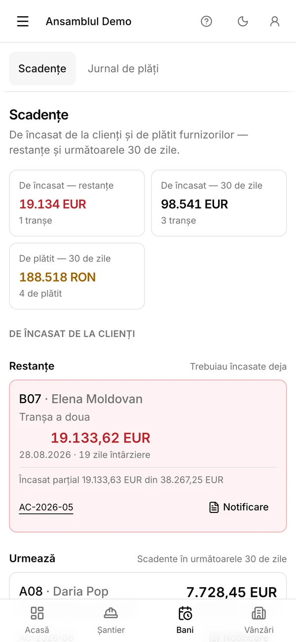 Ecranul Scadențe pe telefon: ce e de încasat de la clienți și ce a întârziat
